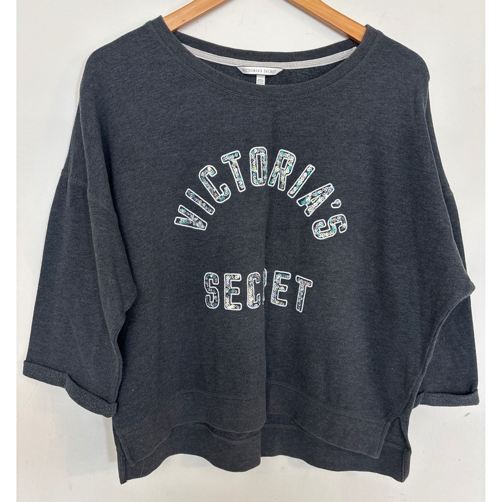 Victorias Secret Charcoal Gray Sequin Floral Logo Sweatshirt 3/4 Sleeve Large